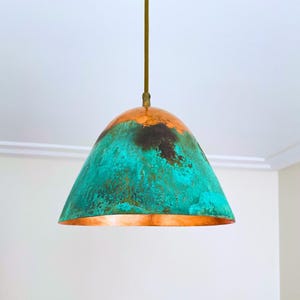 Green Patina Copper Pendant Light, Oxidized Dome Ceiling Light, Copper Pendant Farm Light Fixture, Rustic Copper Farmhouse Light Fixture.