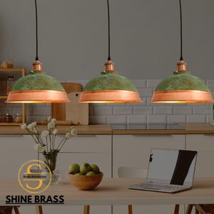 Sets Of Green Patina Copper Pendant Light – Rustic Set of  Dome Ceiling Lamp – Vintage Handmade Kitchen Lighting