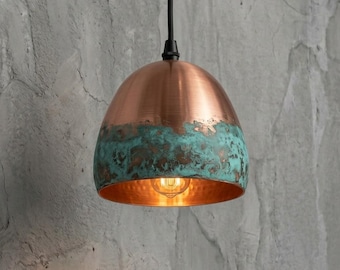 Handcrafted Oxidized Copper Pendant Light with Green Patina Finish, Rustic Dome Ceiling Lamp for Kitchen Island Dining Room Decor