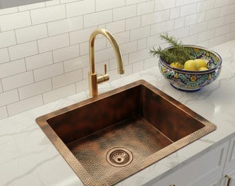 Aged Copper Square Sink – Handmade Dark Patina Drop-In Basin, Heavy Hammered Rustic Copper Kitchen Island Prep Sink, Vintage Style Bar Sink