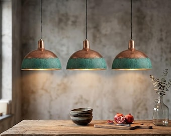 Kupfer Küchen-Insel Pendelleuchten-Sets, oxidierte grüne Patina-Kuppel-Deckenleuchte, Satz von Grünspan-Kupfer-Lampenschirmen, handgefertigtes Kupferlicht