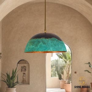 Green Patina Copper Pendant Light, Oxidized Dome Ceiling Light, Copper Pendant Farm Light Fixture, Rustic Copper Farmhouse Light Fixture.