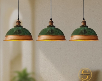 Sets Of Green Patina Copper Pendant Light – Rustic Set of  Dome Ceiling Lamp – Vintage Handmade Kitchen Lighting