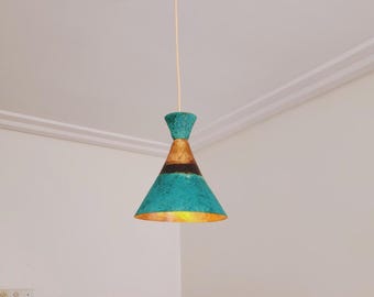 Elegant Hammered Copper Pendant Light-Oxidized Green Patina Finish, Rustic Boho Industrial Lighting,Conical Copper Farmhouse Light Fixture