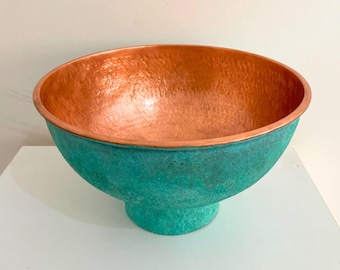 Hammered Oxidized Copper Bathroom Sink, Green Patina Vessel Sink Bathroom, Green Patina Copper Washbasin, vintage copper sink