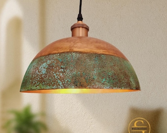Lampada a sospensione in rame ossidato, lampada a cupola con patina verde fatta a mano, lampada a sospensione in rame con verderame naturale