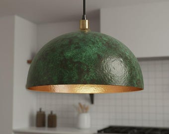 Patina Copper Pendant Light,Oxidized Copper,Wide Dome Ceiling Lamp with Hand-Hammered Interior,Rustic Farmhouse & Industrial Kitchen Lighti