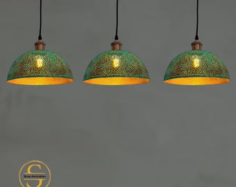 Sets Of Copper Island Pendant Lights, Oxidized Copper Ceiling Light, Dome Pendant Light With Green Patina