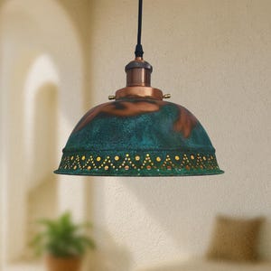 Handmade Oxidized Copper Pendant Light – Green Patina Dome Lamp with Perforated Detailing, Rustic Moroccan Ceiling Lighting