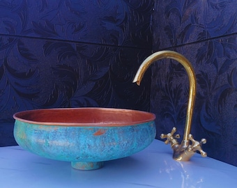 Handmade Oxidized Copper Sink Bathroom, Green Patina Copper Washbasin, Hammered Copper Vessel Sink, Solid Round Copper Sink.