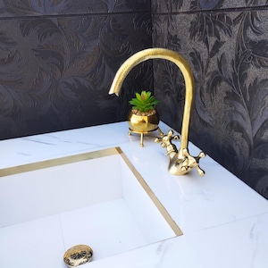Elegant Antique Brass Bathroom Faucet with Simple Cross Handles,Handmade Brass Gooseneck Bathroom Faucet, Single Hole Faucet,Hammered finish