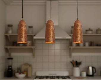 Set of 3 Copper Pendant Lights - Handcrafted Hammered Copper Kitchen Island Lighting - Vintage Farmhouse Lampshades for Dining Room
