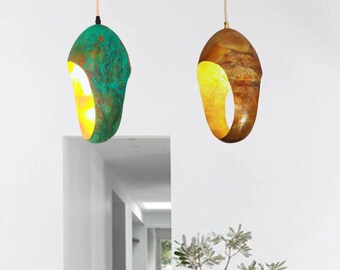 Handcrafted Sets Of Handmade Green Patina Farmhouse Light Fixtures,Sets Of Oxidized Copper pendant lights, Oxidized Oval Cut Copper Pendants