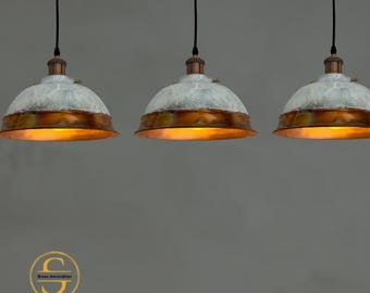 Copper Pendant Light Sets, Oxidized Dome Light, Handmade Sets Of Copper Pendant Lights With White Patina, Oxidized Lighting