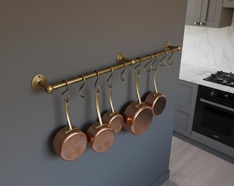 Antique Bronze Kitchen Rail with S-Hooks,Wall Mount Utensil Bar, Solid Brass Pot Hanger, Vintage Style Farmhouse Pan & Pot Organizer