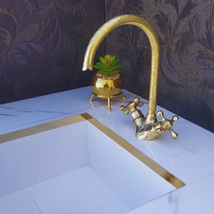 Curved Engraved Unlacquered Gooseneck Faucet,Kitchen & Bathroom Uncoated Brass Faucet, Single Hole Vanity Sink Faucet.