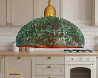 Oxidized Copper Pendant Light,Green Patina Dome Lamp,Rustic Farmhouse Kitchen Island Lighting,Vintage Verdigris Ceiling Fixture