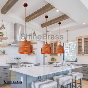 Handmade Sets Of Copper Farmhouse Light Fixtures, Engraved Copper Island Pendant Lights, Handcrafted Copper Dome Lights. Stylish Light Sets.