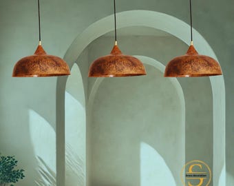 Set of 3 Hammered Copper Pendant Lights, Oxidized Kitchen island lamps, Handmade Copper Pendant Light Fixtures