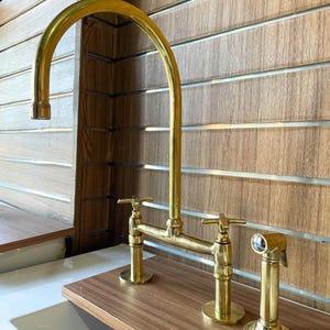 Solid Brass Bridge Kitchen Faucet Straight Legs, Kitchen Sink Faucet, Unlacquered Brass Kitchen Faucet.