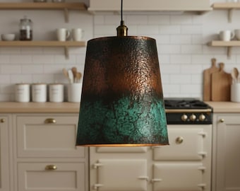 Oxidized Copper Pendant Lamp – Handmade Green Patina Dome Light Fixture for Industrial Dining & Rustic Kitchen