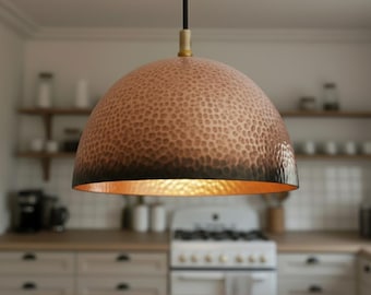 Handmade Hammered Copper Dome Pendant Light: Rustic Industrial Chandelier for Kitchen Island, Farmhouse Solid Copper Ceiling Light Fixture