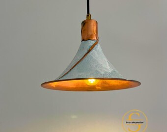 White Patina Copper Pendant Light, Oxidized Copper Island Kitchen Lighting, Farmhouse Vintage Copper Light Fixture