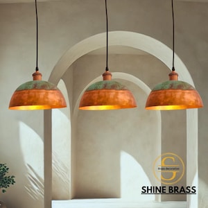 Elegant Sets of Green Patina Copper Pendant Lights, Handmade Copper Dome Ceiling Lamps, Oxidized Hanging Pendant Lights