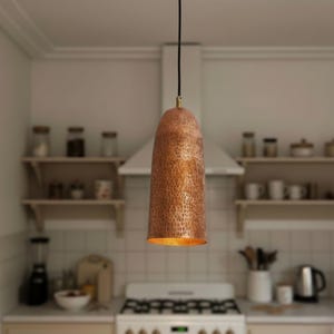 Hammered Copper Pendant Light - Long Kitchen Island Lighting Fixture, Vintage Farmhouse Lampshade, Solid Copper Dome Pendant Light
