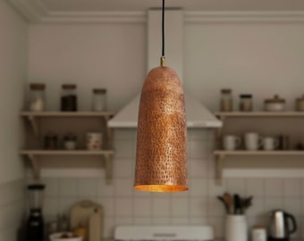 Hammered Copper Pendant Light - Long Kitchen Island Lighting Fixture, Vintage Farmhouse Lampshade, Solid Copper Dome Pendant Light