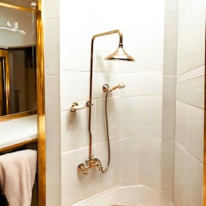 Solid Brass Shower System With Round Shower Head, Handheld Shower And Shower Head Combo, Unlacquered Brass.