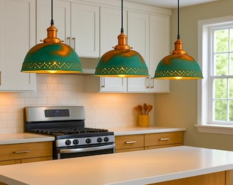 Set of 3 Green Patina Copper Pendant Lights, Oxidized Farmhouse Lighting,Hand-Pierced Kitchen Island Hanging Lamps, Rustic Light Fixtures