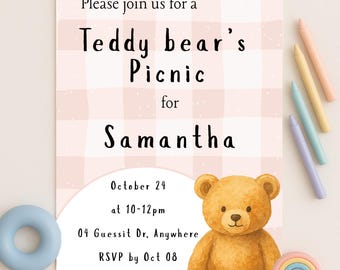 Teddybär-Picknick-Einladung: Bearbeitbare Kindergeburtstags-Party einladen (Digitaler Download