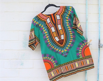 Medium Vintage Green Dashiki Shirt/Marley/Rasta/Upcycled Clothing/Roots/Reggae Music Festival/Hippie Caftan/Dashiki Tunic Top/African Top