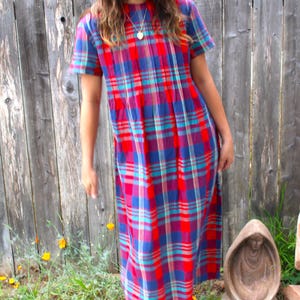 Vintage 90s Gingham Maxi Dress: Primary Colors Cotton, Size Large
