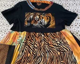 Medium Tiger Lover Dress/Upcyled Clothing/Tiger Girl Dress/Handmade Dress/ Babydoll/Upcycled Dress/Upcycled Cheetah Dress/Anthropologie