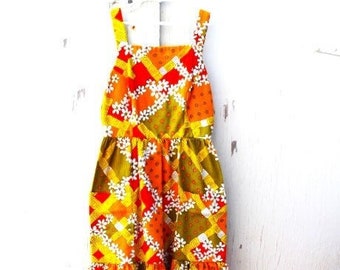 Vintage 1960s Nalii Honolulu Orange + Yellow Hawaiian Tropical Dress/Vintage SunDress/Babydoll Dress/summer dress/hippie kid dress/