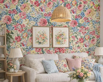 Vintage Peel and Stick bloemenbehang, Cottagecore Flower muurschildering, kleurrijk botanisch behang