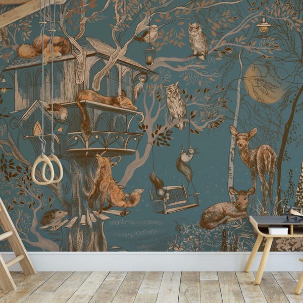 Dark Forest Animals Wallpaper – Peel and Stick Nursery Wall Mural