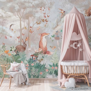 Colorful Forest Animals Nursery Wallpaper – Peel and Stick Wall Mural
