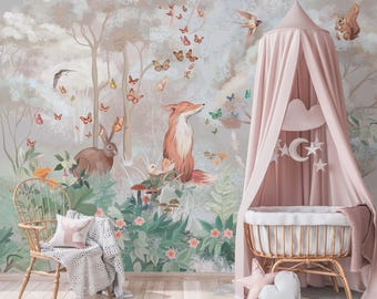 Colorful Forest Animals Nursery Wallpaper, Peel and Stick Kids Wall Mural, Removable Woodland Animal Wallpaper for Baby or Toddler Room