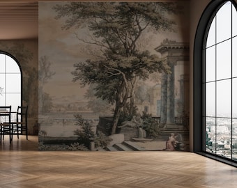 May include: A large-scale mural depicting a classical landscape scene with trees, architecture, and figures. The color palette is muted, with shades of brown, gray, and beige. The mural is installed on a wall in a room with a wooden floor and large windows.