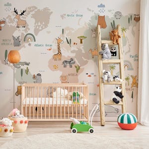 Süße Tiere Weltkarte, Kinder Tapete, Karte Wandaufkleber, Kinderzimmer Tapete, Schälen und Aufkleben