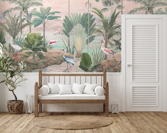 Tropical Flamingo Wallpaper, Peel and Stick Wall Mural, Pink Bird and Green Leaf Removable Wallpaper for Bathroom, Nursery or Accent Wall
