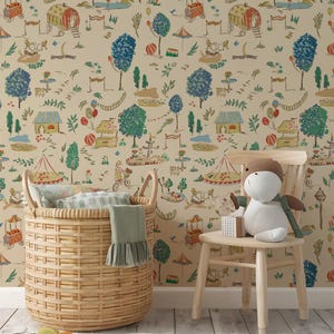 Vintage Carnival Peel and Stick Nursery Wallpaper, Whimsical Kids Wallpaper, Storybook Removable Wall Mural