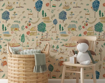 Vintage carnaval Peel and Stick kinderkamer behang, grillig kinderbehang, verhalenboek verwisselbare muurschildering