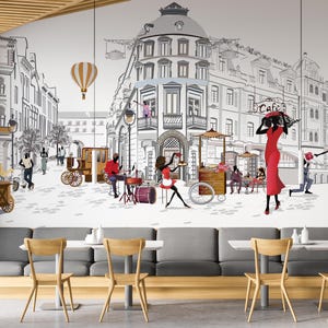 Carta da parati Vintage Street Cafe, decorazione da staccare e attaccare per caffetteria, arte murale rustica da cucina e bistrot, stile accogliente per bar per spazi domestici e commerciali