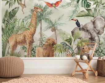 Papel pintado para habitación infantil con animales de safari tropical: Mural autoadhesivo
