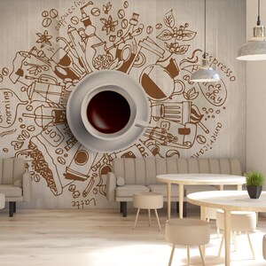 Carta da parati da parete Coffee Cup Cafe, decorazione da parete per caffetteria, decorazione da parete rustica per cucina e bistrot, stile caffetteria accogliente per spazi domestici e commerciali