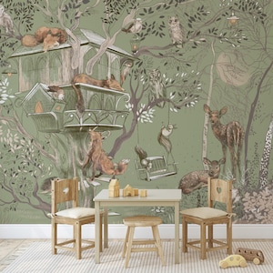 Green Forest Animal Wallpaper – Peel and Stick Nursery Wall Mural